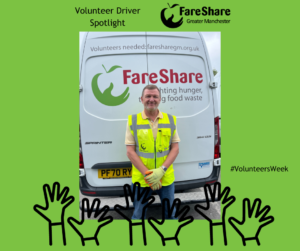 Photo shows Nick, one of our volunteer drivers wearing a hi viz vest, standing behind a FareShare Greater Manchester delivery van