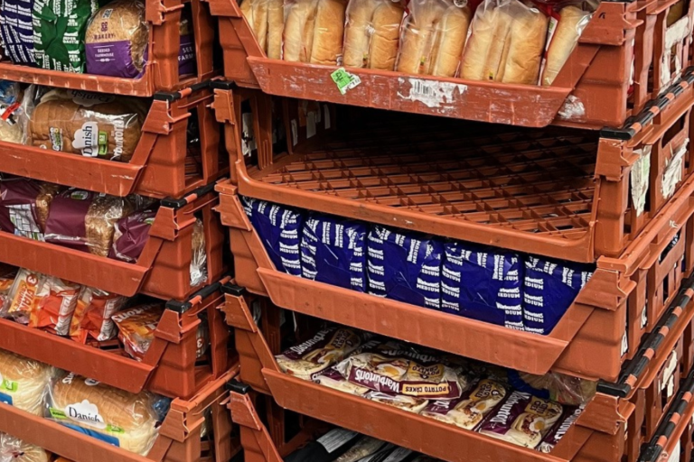 Warburtons products on trays, FareShare Greater Manchester warehouse