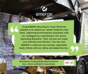 Quote image overlayed over photo of an EMERGE Bin truck emptying a load of cardboard