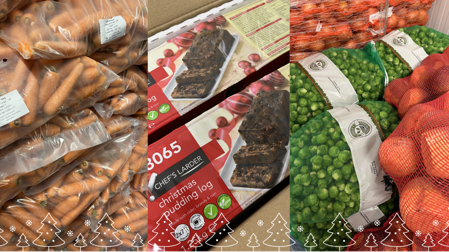 collage of photos showing sacks of carrots, swedes, sprouts and onions as well as Christmas Puddings