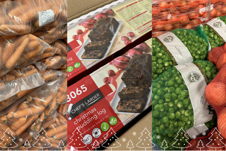 collage of photos showing sacks of carrots, swedes, sprouts and onions as well as Christmas Puddings