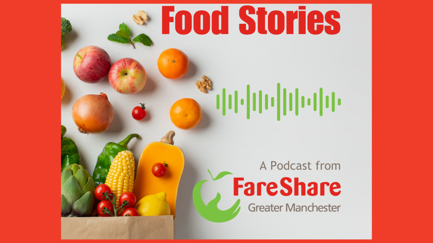 Image of a brown paper bag on its side with fruit & vegetables spilling out with the words Food Stories, a podcast from FareShare Greater Manchester