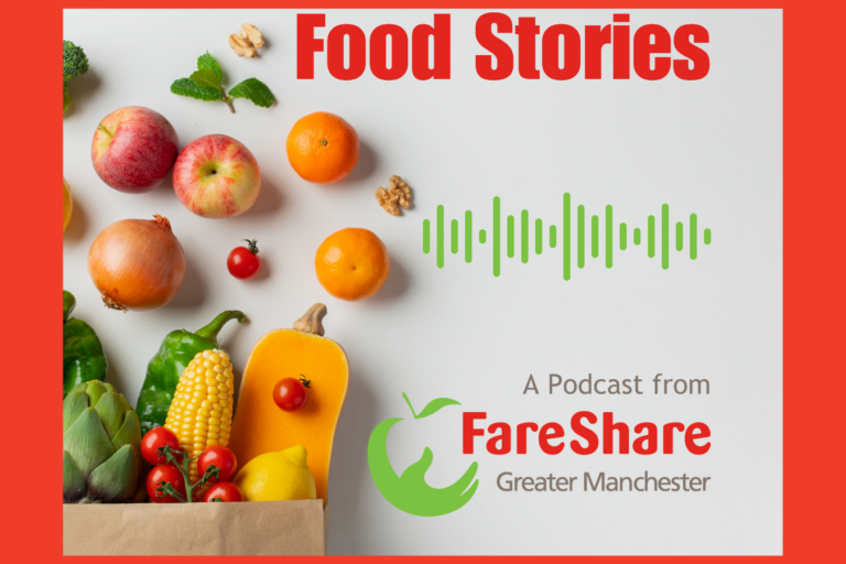 Image of a brown paper bag on its side with fruit & vegetables spilling out with the words Food Stories, a podcast from FareShare Greater Manchester