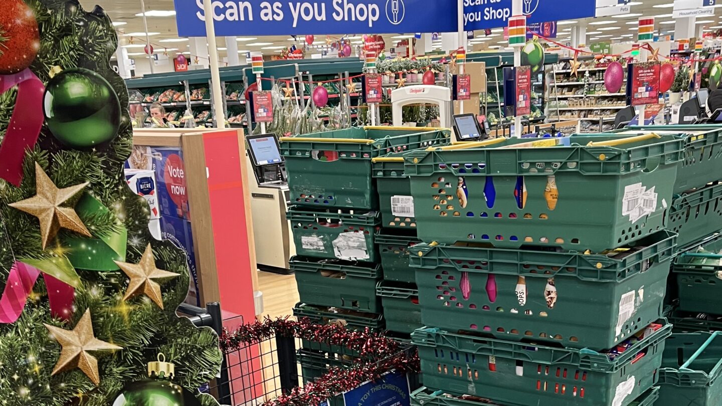 Stack of plastic trays holding our Tesco Food donations