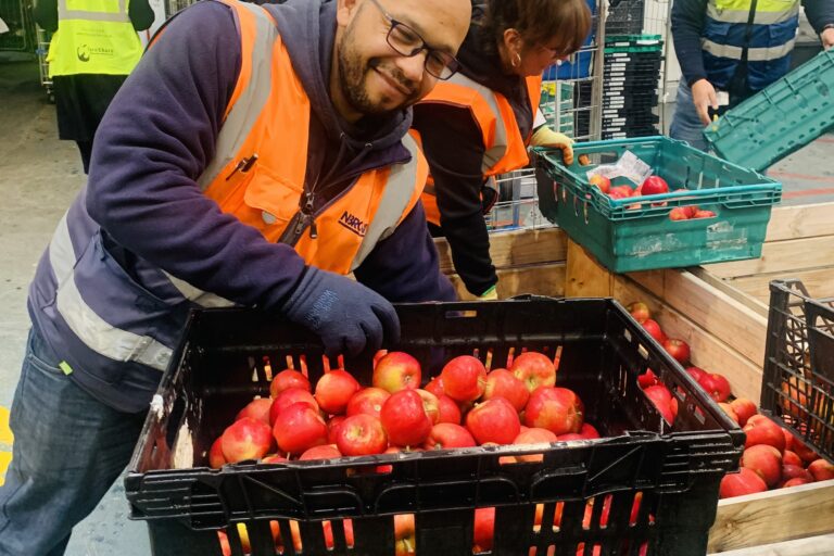 Image shows an N Brown colleague loading apples into a crate while on a corporate volunteering day at FareShare Greater Manchester