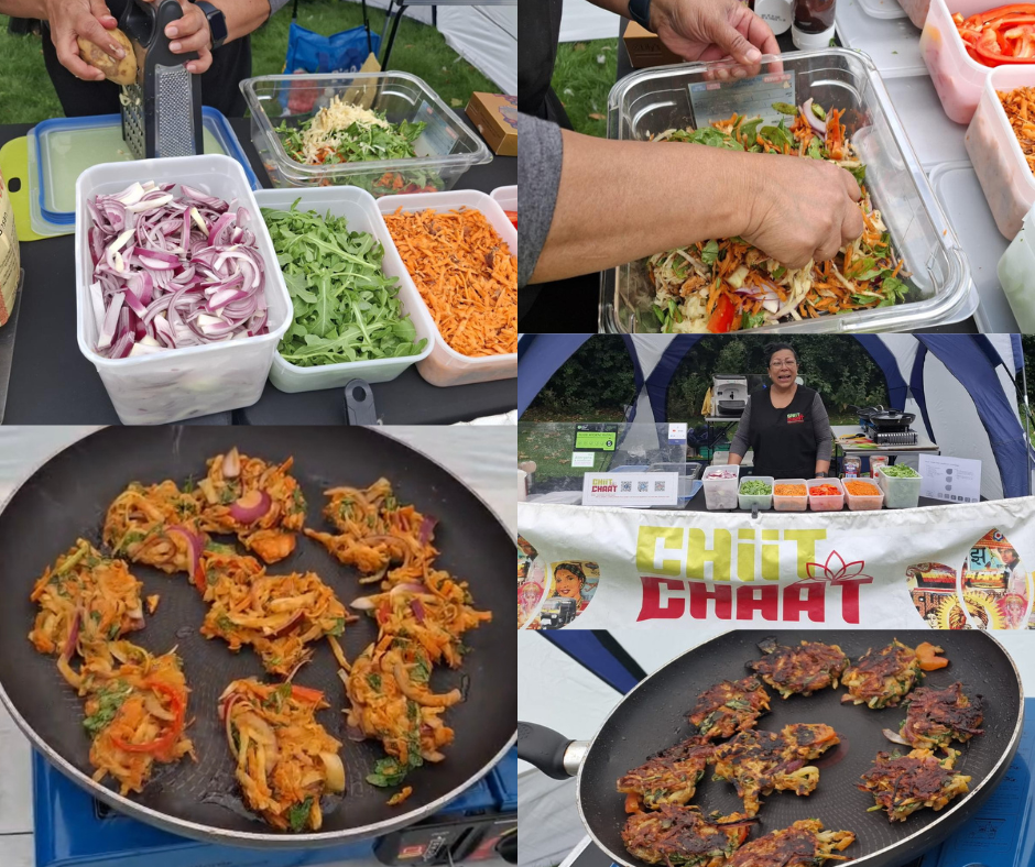 Image shows a collage of photos in the process of making the no waste veg bhajis