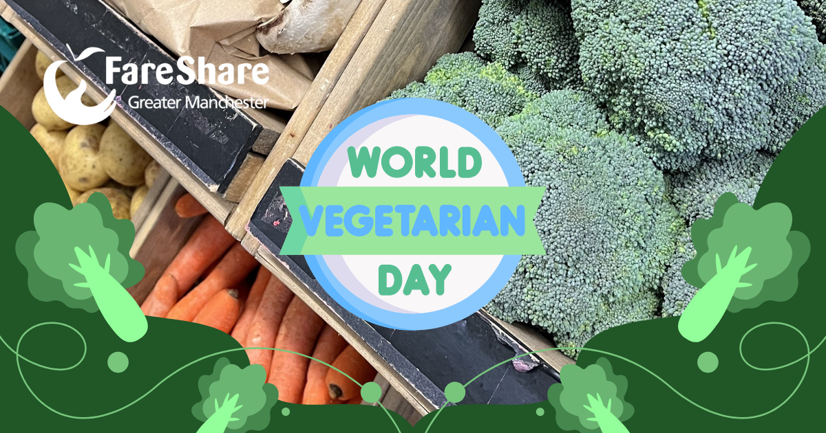 Image Shows a rack of vegetables with the words World Vegetarian Day over the top