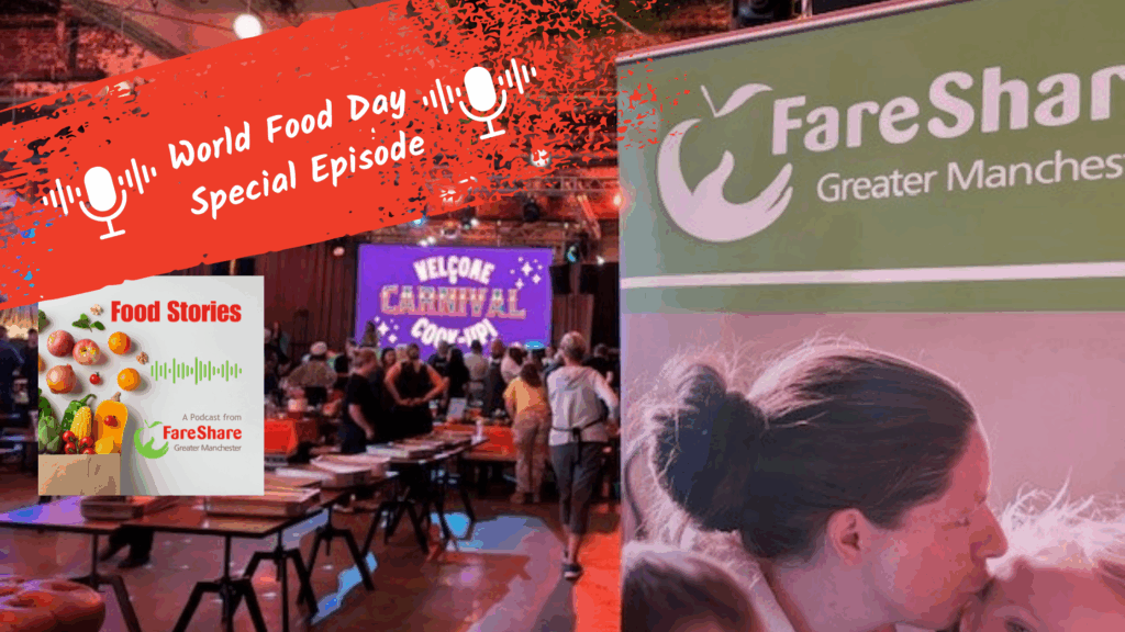 Image shows a wide shot of the Carnival Cook Up event with a FareShare Greater Manchester banner in the foreground