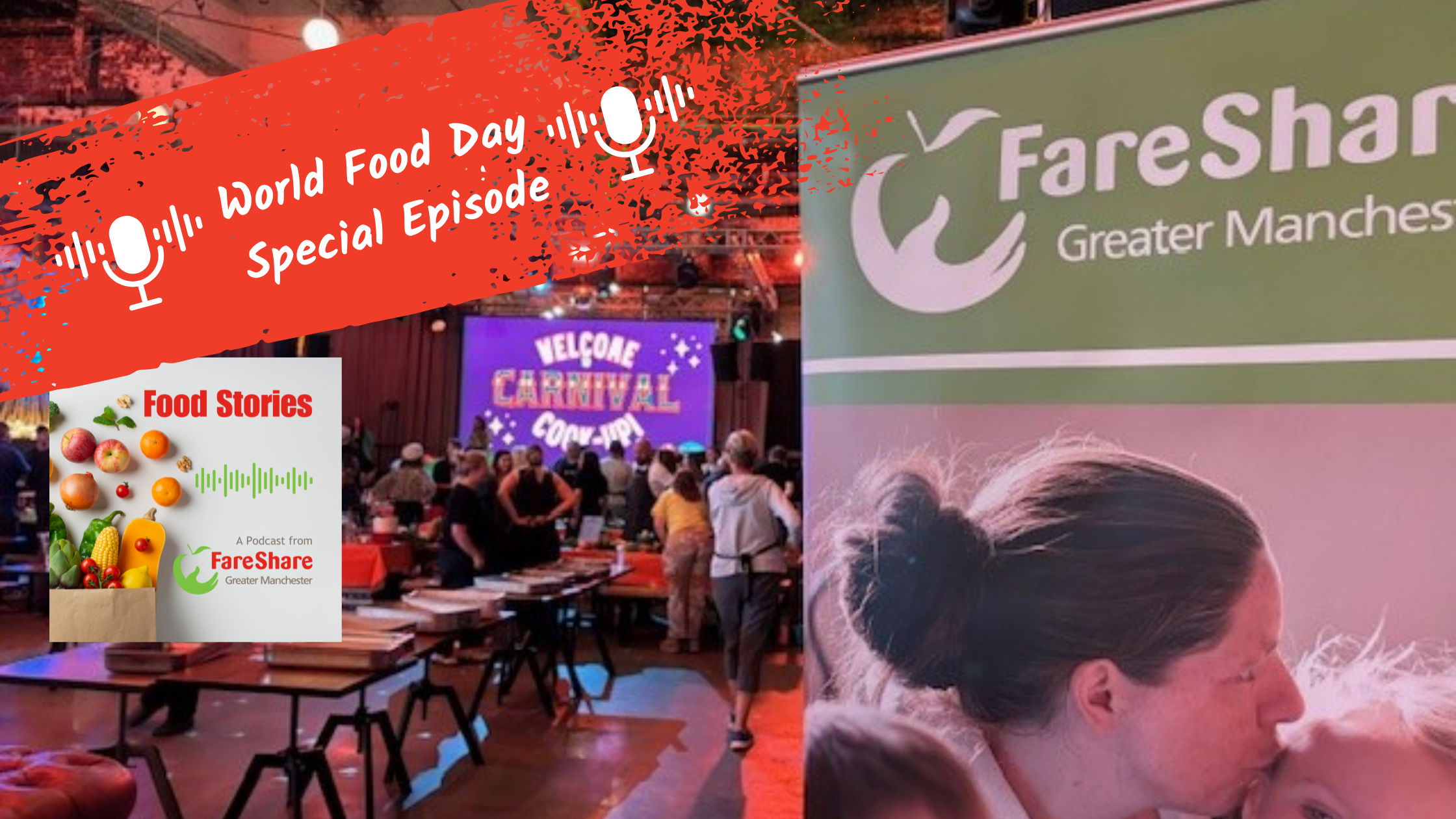 Image shows a wide shot of the Carnival Cook Up event with a FareShare Greater Manchester banner in the foreground